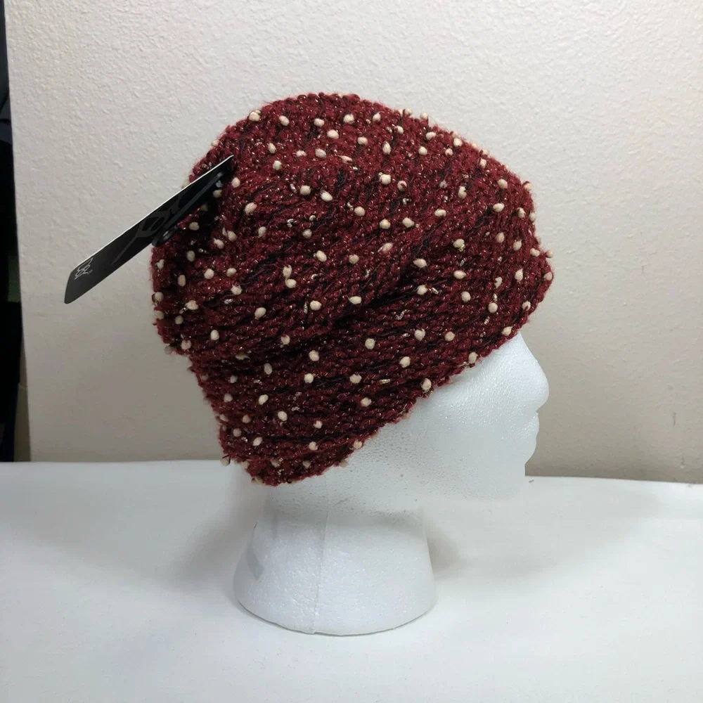 David & Young Knit Long Burgundy Black Ivory Tiny Pompons Stretchy Beanie Hat OS